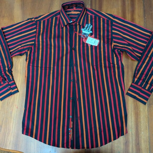 Luchiano Visconti Black Red Mens S Button up Shirt 2-Ply Mercerized Striped New - Picture 2 of 16